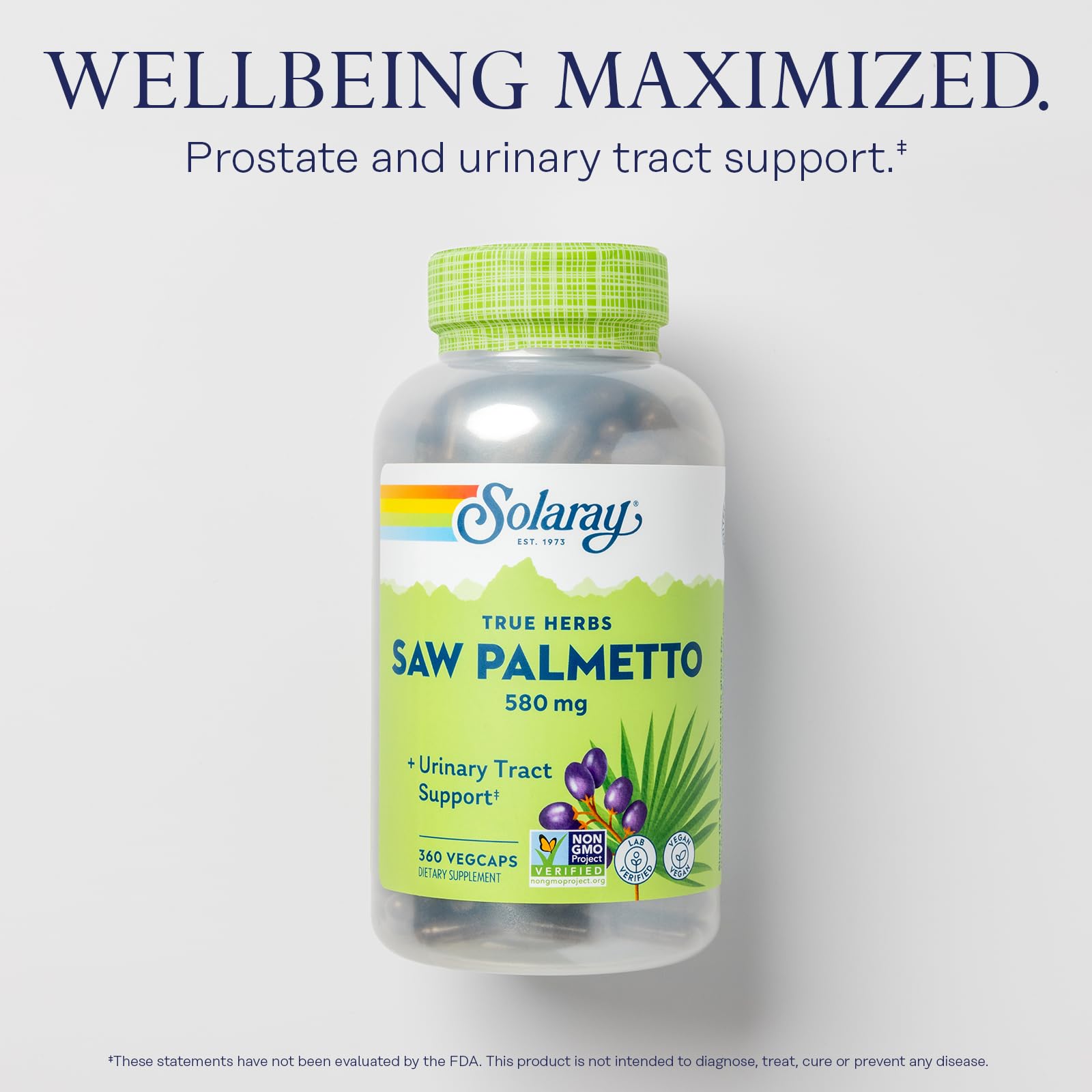 SOLARAY Saw Palmetto capsules support urinary comfort and prostate health.