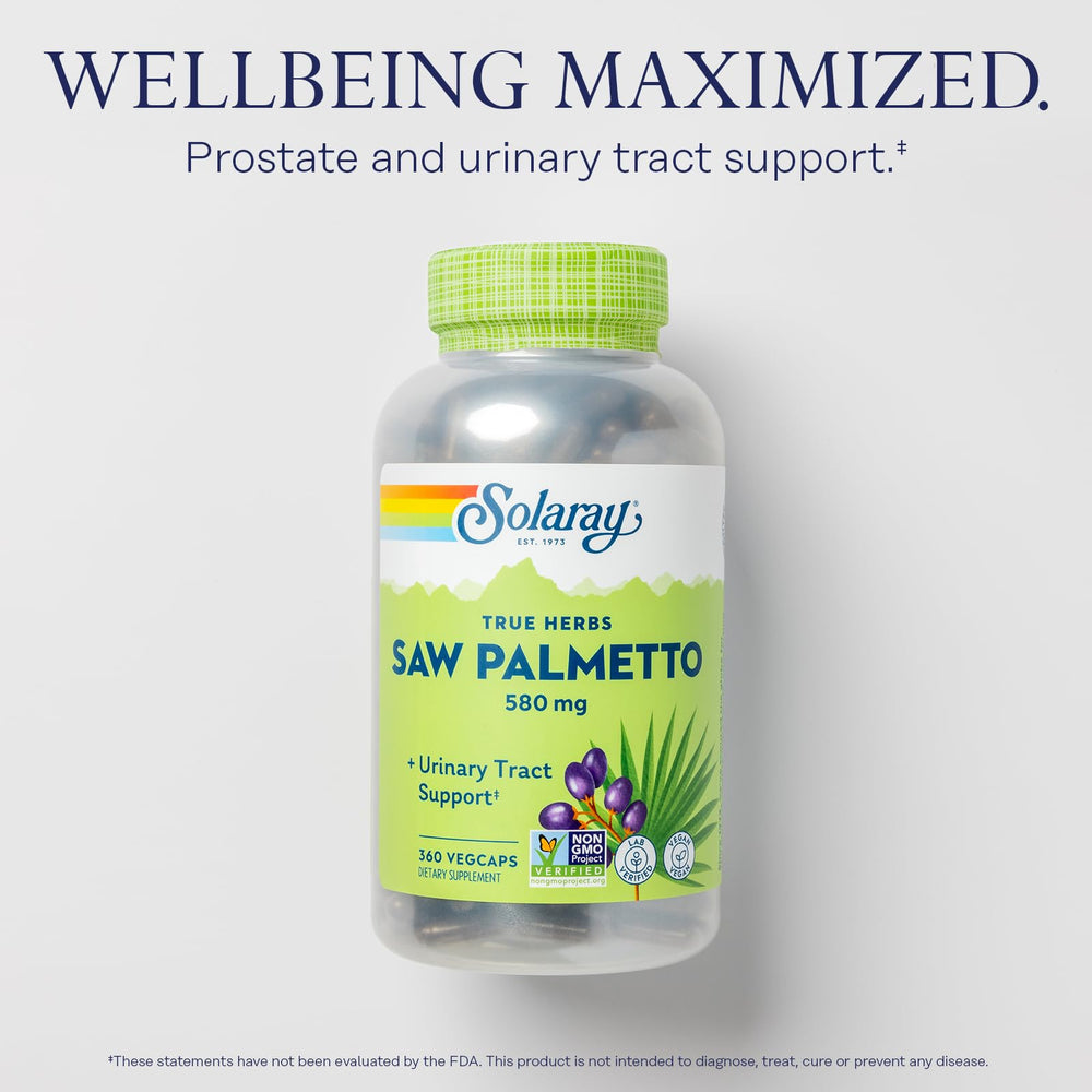 SOLARAY Saw Palmetto capsules support urinary comfort and prostate health.