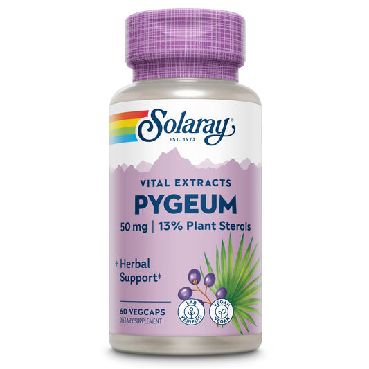 SOLARAY Pygeum Bark Extract bottle highlighting prostate support potential for daily wellness.
