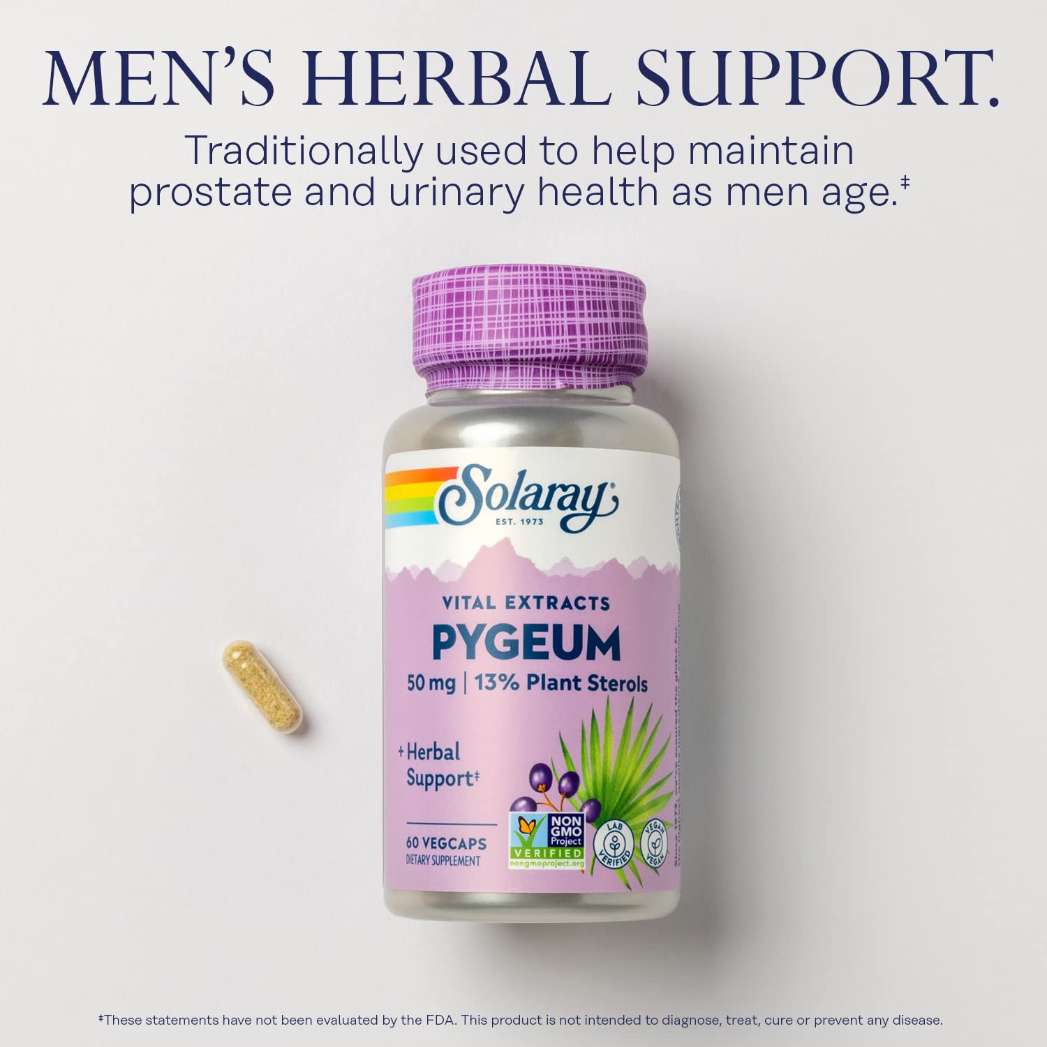 Close-up of vegan capsules emphasizing non-GMO and plant-based prostate health support.