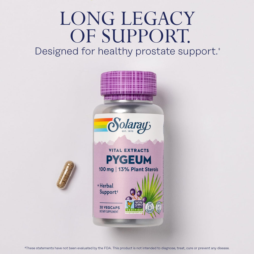 SOLARAY Pygeum bark extract label shows potency and vegan formula