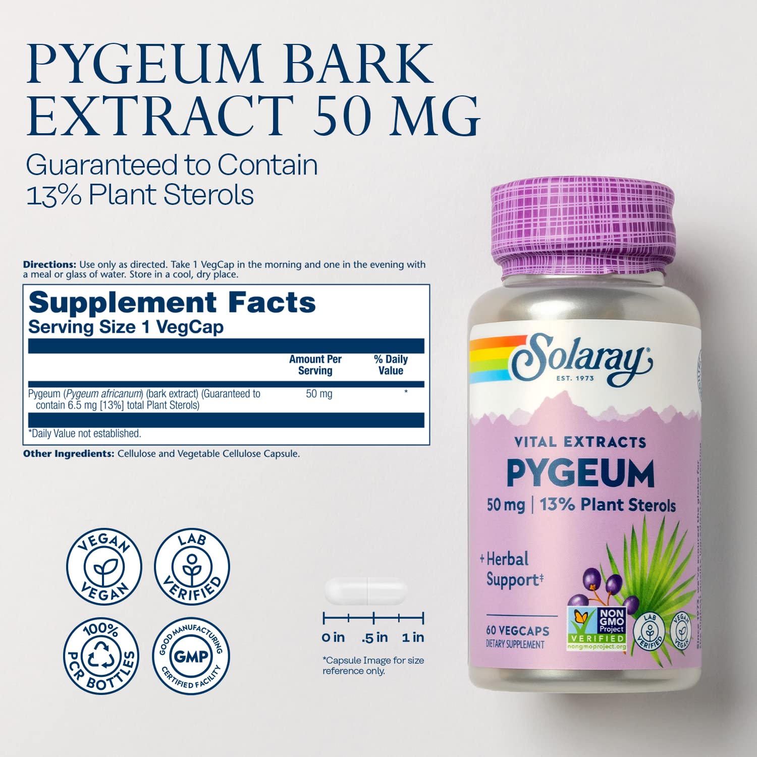 SOLARAY Pygeum capsules shown with label indicating 50 mg extract per serving.