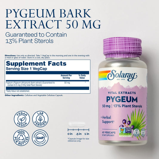 SOLARAY Pygeum capsules shown with label indicating 50 mg extract per serving.