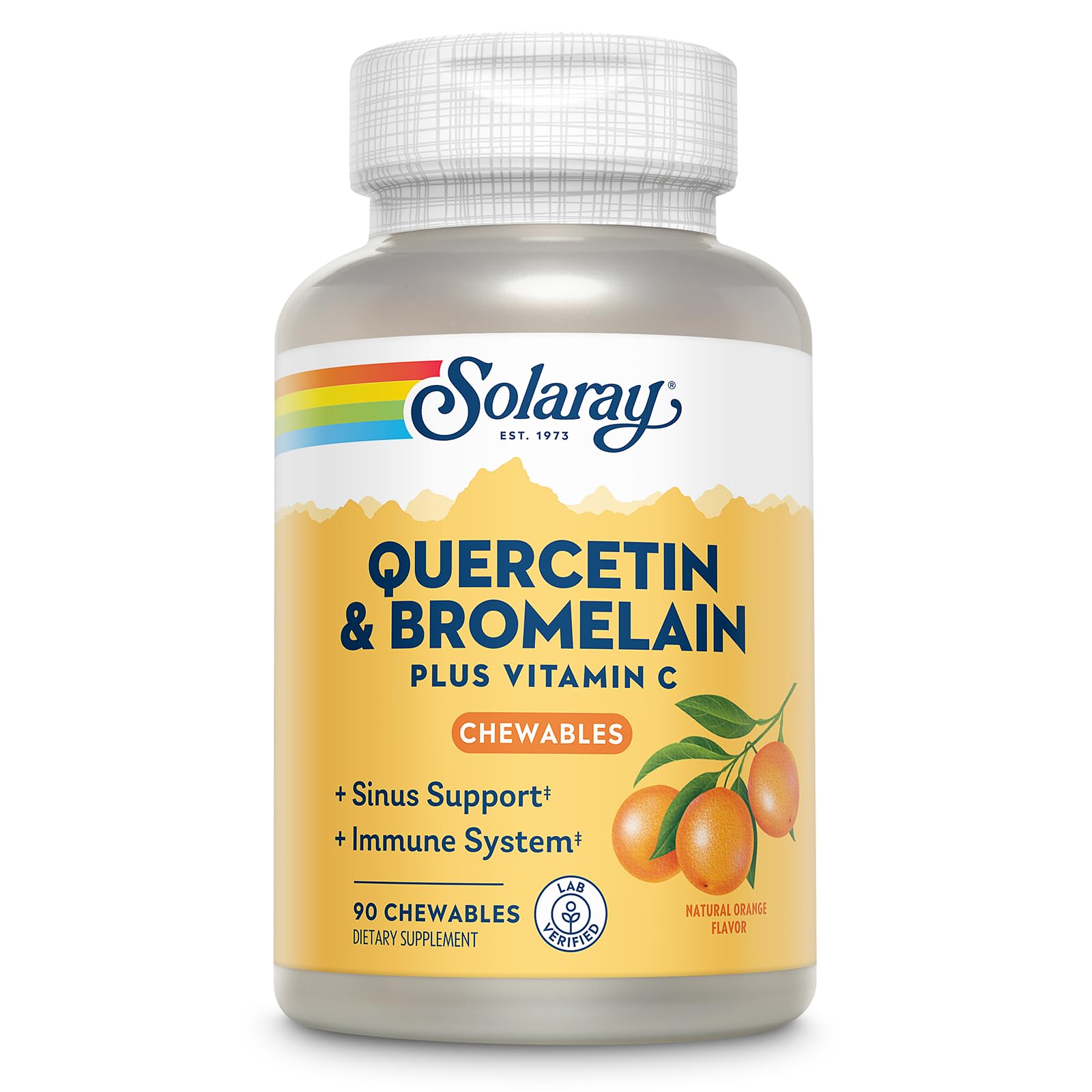 SOLARAY Quercetin chewables bottle highlighting immune support and heart health potential.