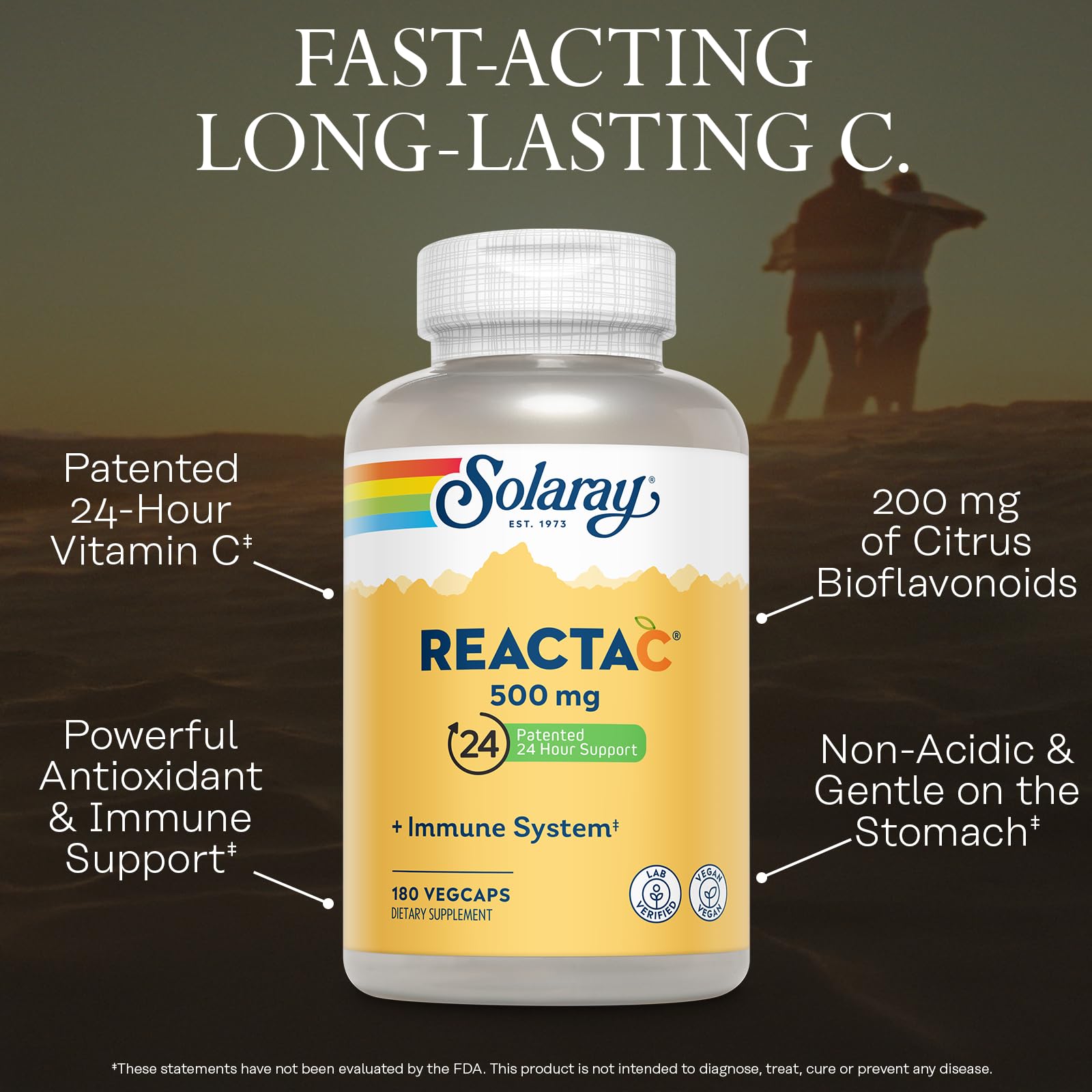 Solaray Reacta-C 500mg bottle label highlighting non-acidic formula.