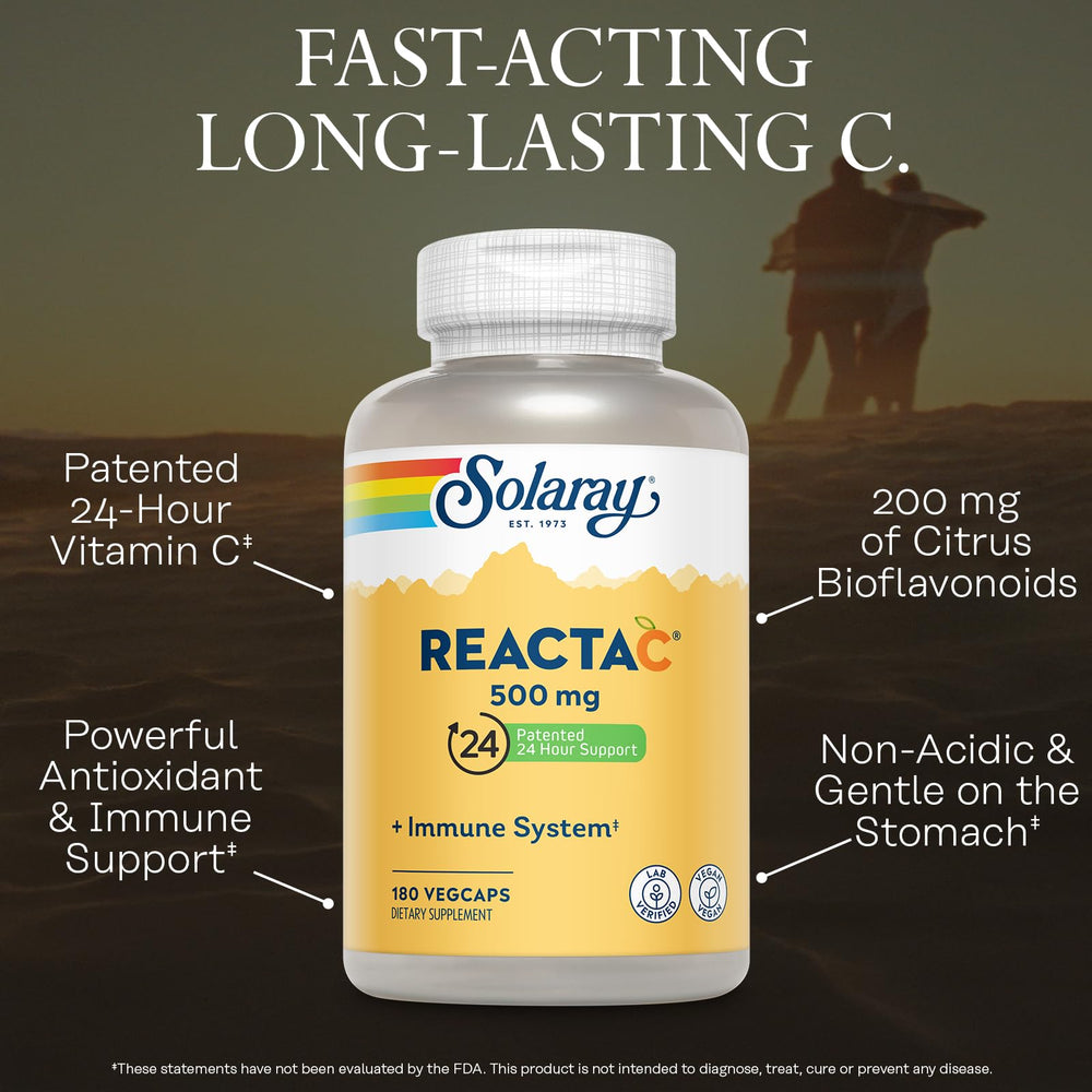 Solaray Reacta-C 500mg bottle label highlighting non-acidic formula.