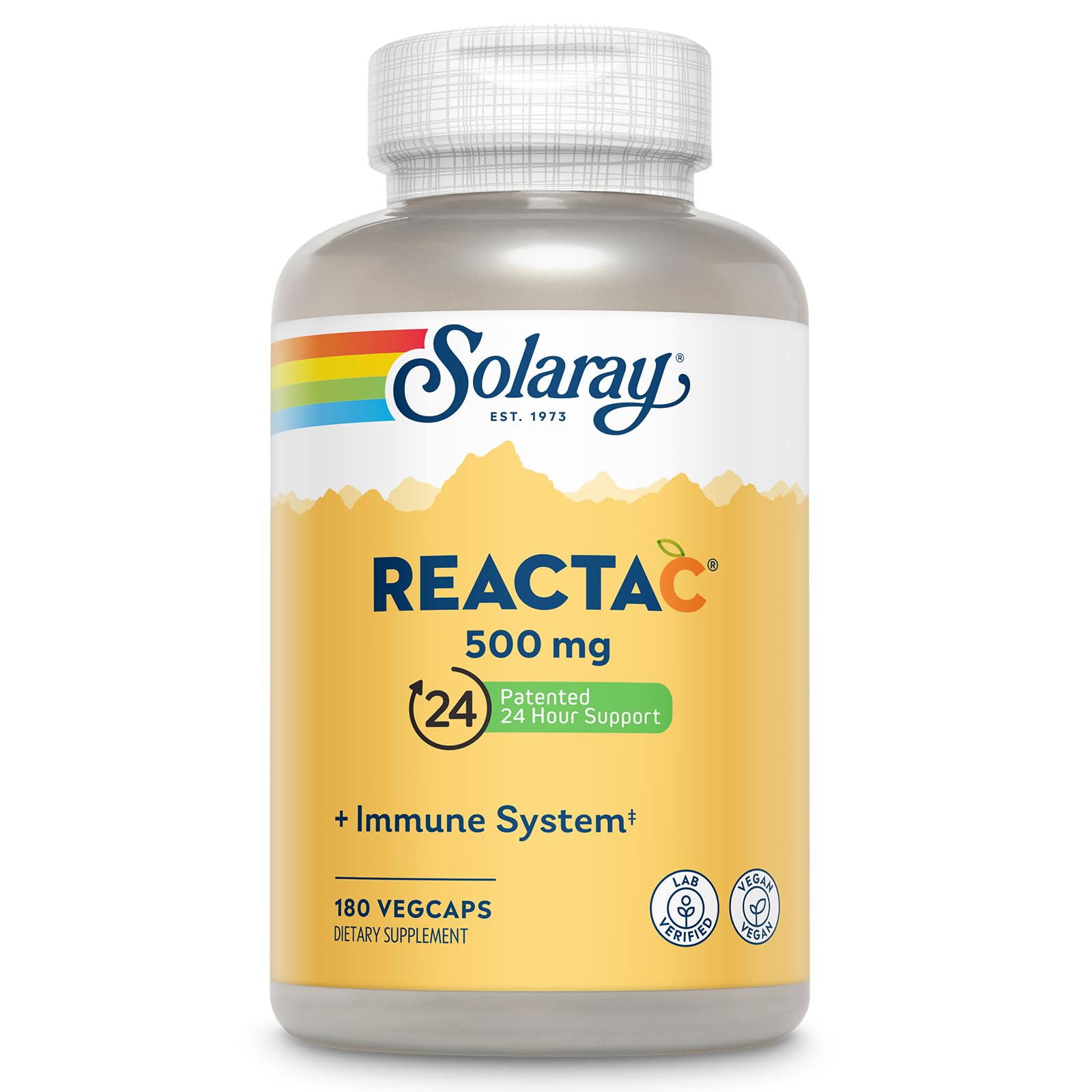 Solaray Reacta-C Vitamin C 500mg bottle showcasing bioflavonoids for daily immune support.