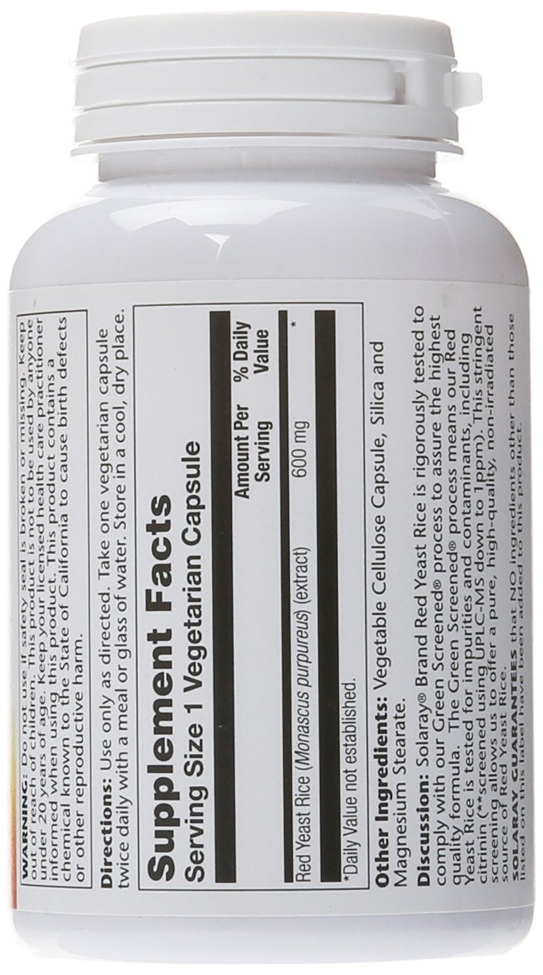 Solaray Red Yeast Rice capsules close-up for daily dietary use and easy dosing.