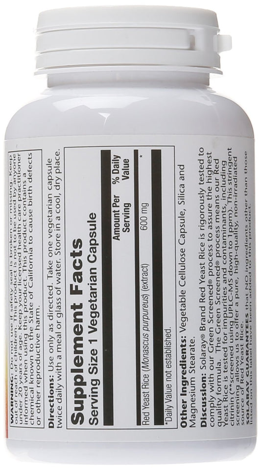 Solaray Red Yeast Rice capsules close-up for daily dietary use and easy dosing.