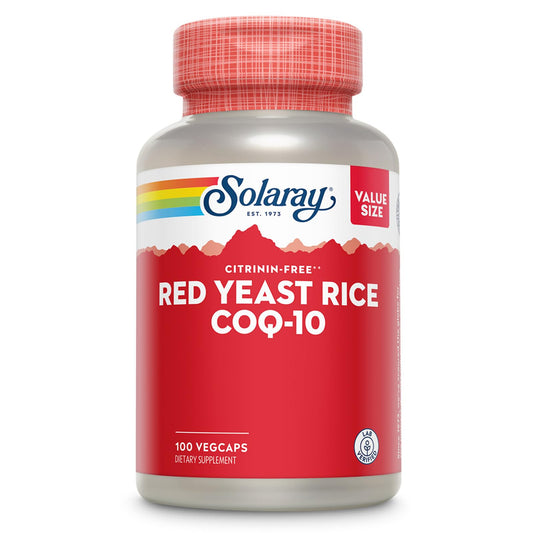 SOLARAY Red Yeast Rice Plus CoQ10 bottle with heart-support capsules.