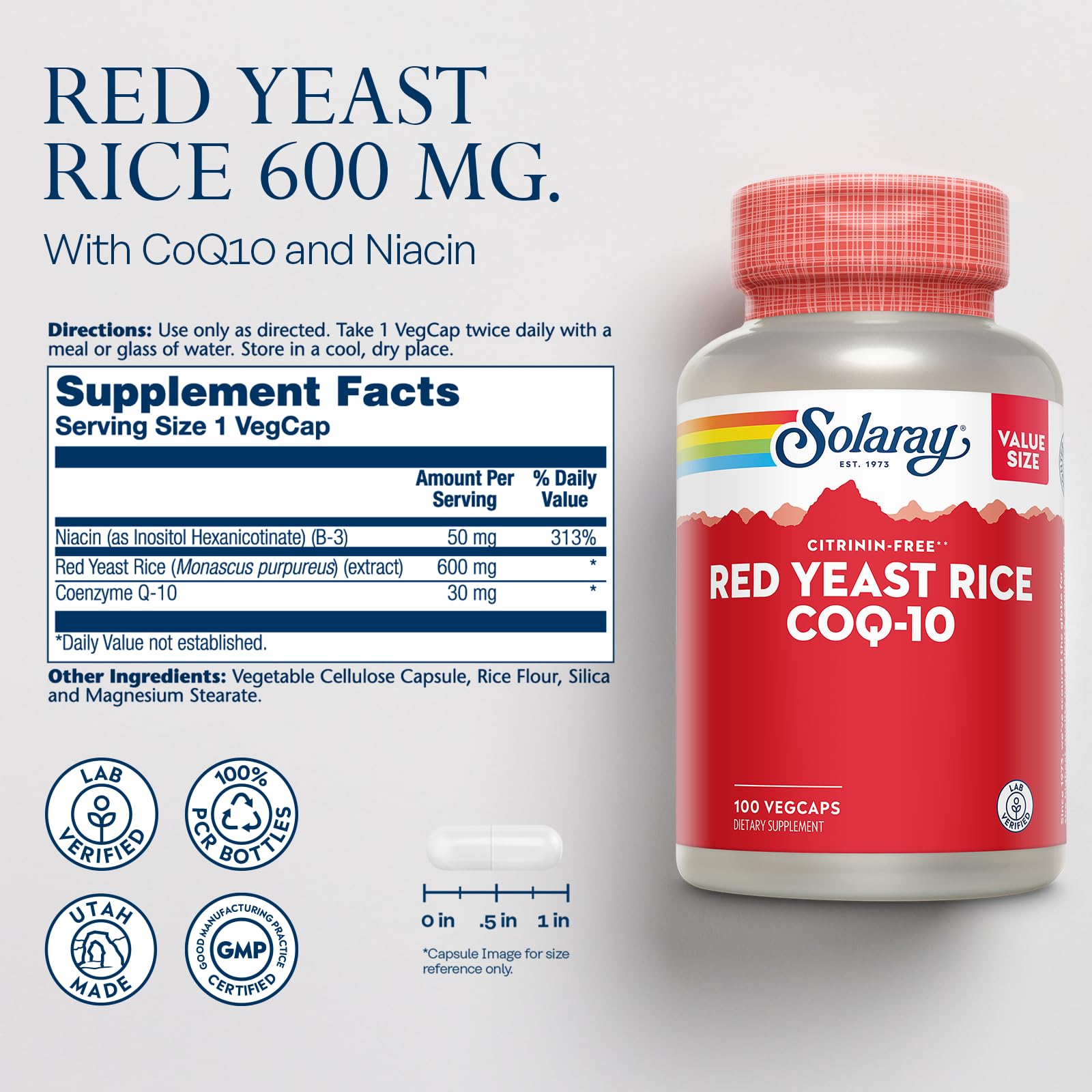 SOLARAY Red Yeast Rice Plus CoQ10 capsules highlight antioxidant support.