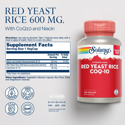 SOLARAY Red Yeast Rice Plus CoQ10 capsules highlight antioxidant support.
