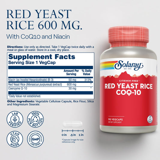 SOLARAY Red Yeast Rice Plus CoQ-10 capsules ready for daily use
