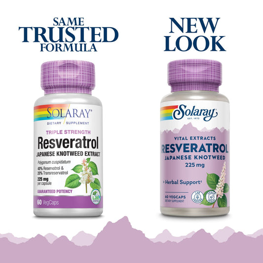 SOLARAY Resveratrol 225mg VCaps label closeup reveals purity and potency.