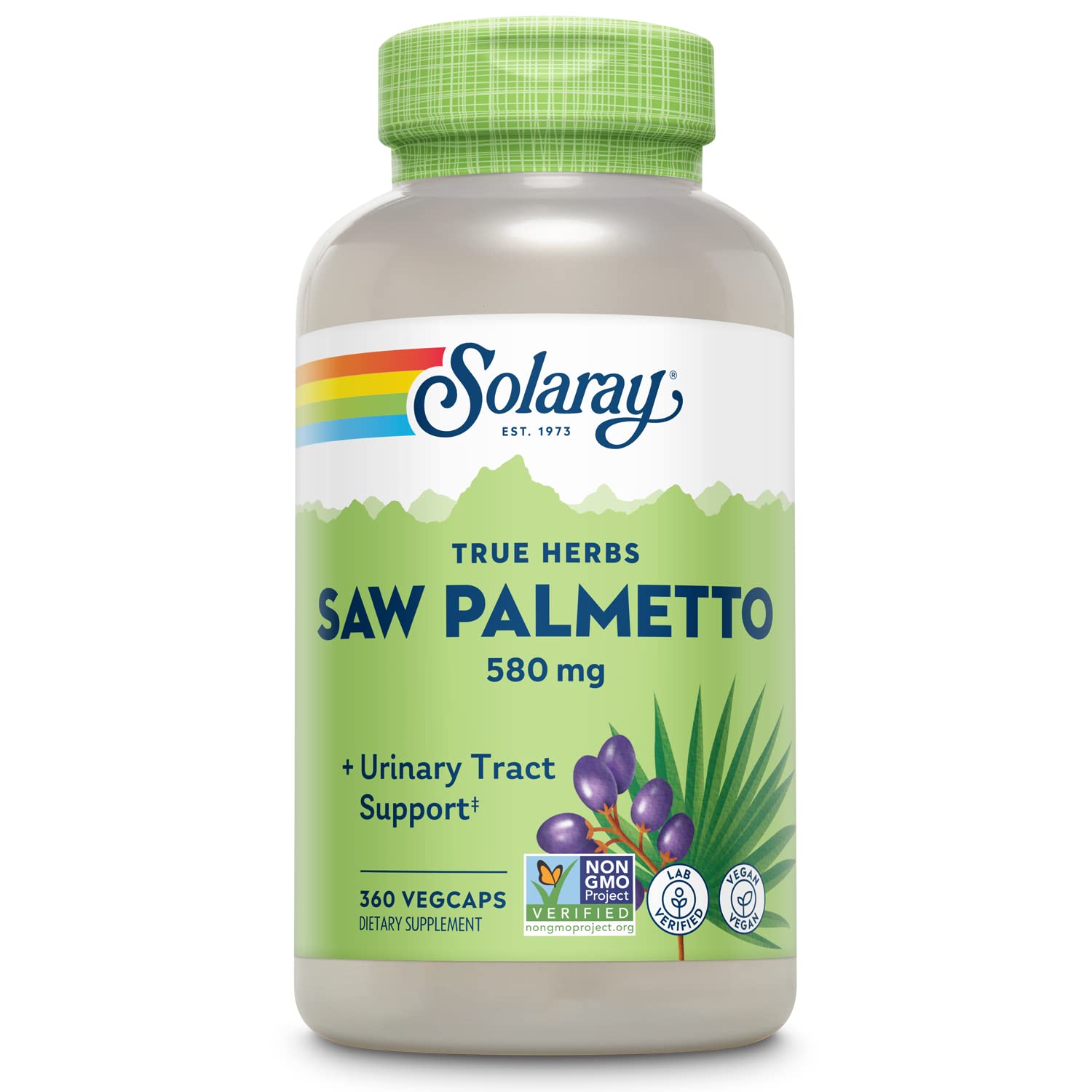 SOLARAY Saw Palmetto Berries 580 mg bottle front view supports prostate wellness.