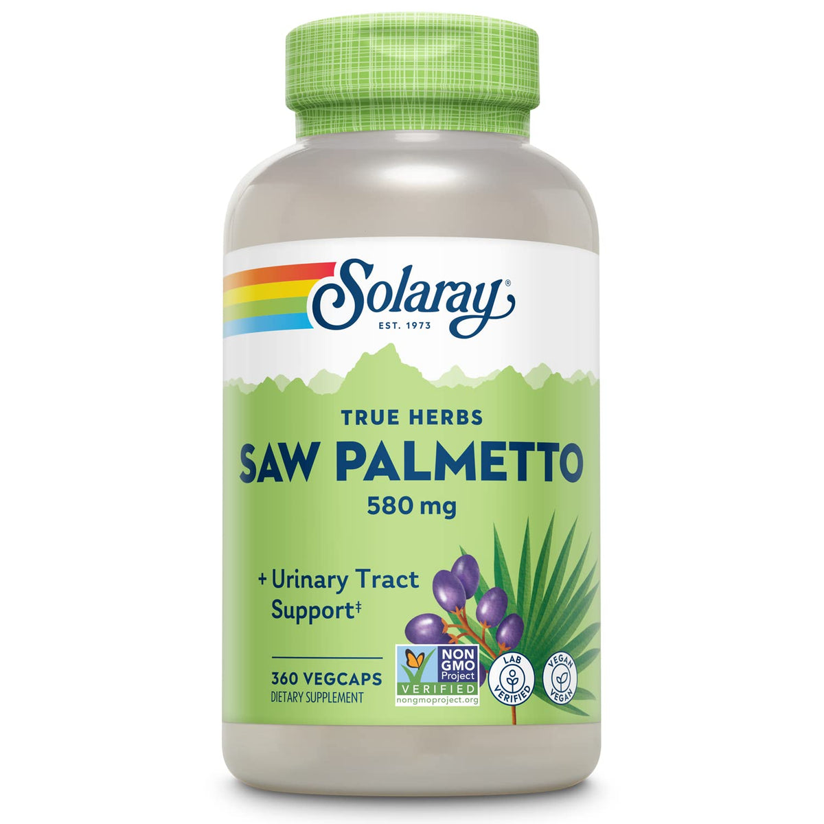 SOLARAY Saw Palmetto Berries 580 mg bottle front view supports prostate wellness.