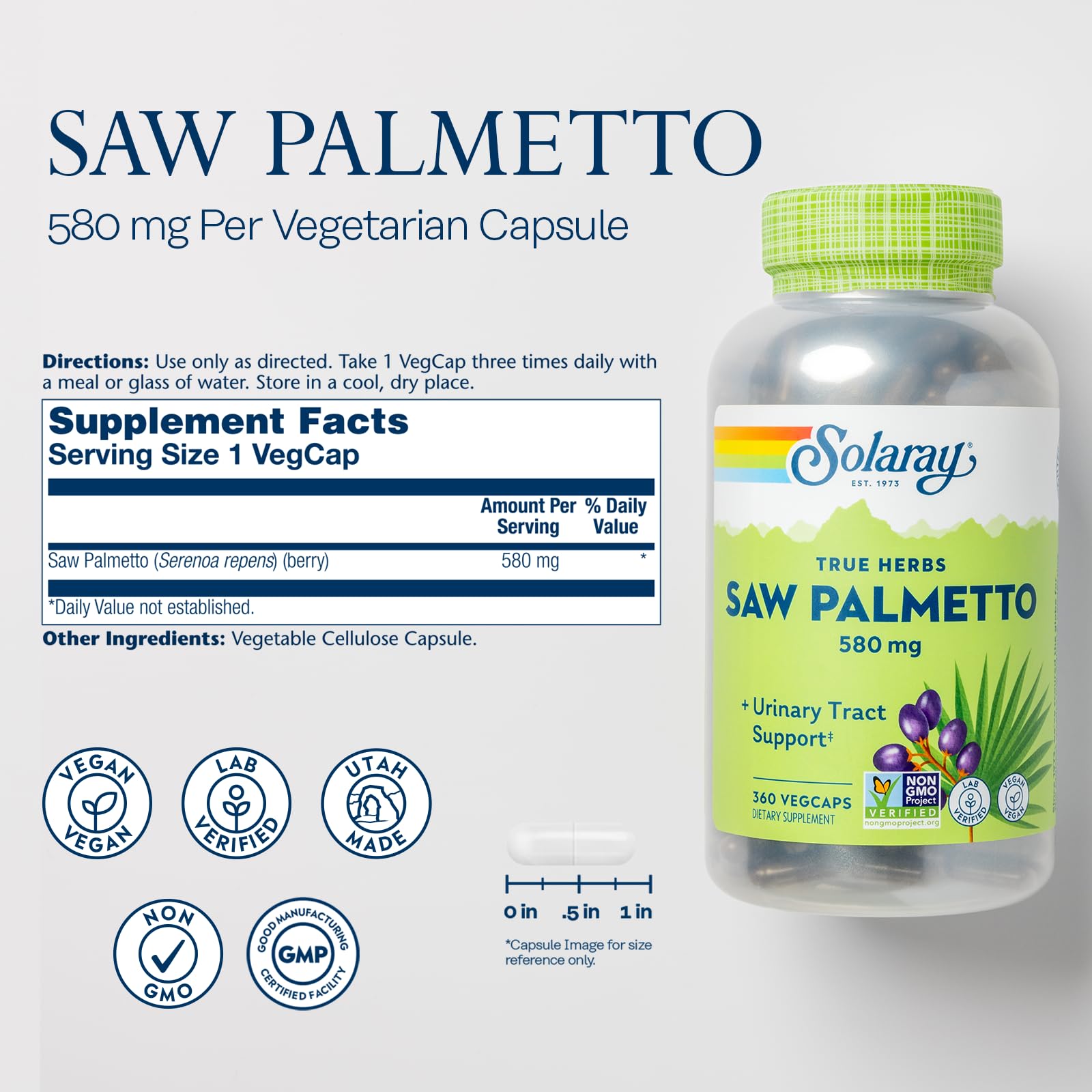 SOLARAY Saw Palmetto capsules close-up for easy daily use.