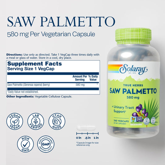SOLARAY Saw Palmetto capsules close-up for easy daily use.