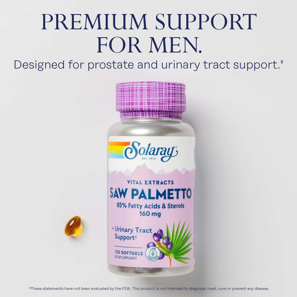 SOLARAY Saw Palmetto capsules in hand for convenient daily use