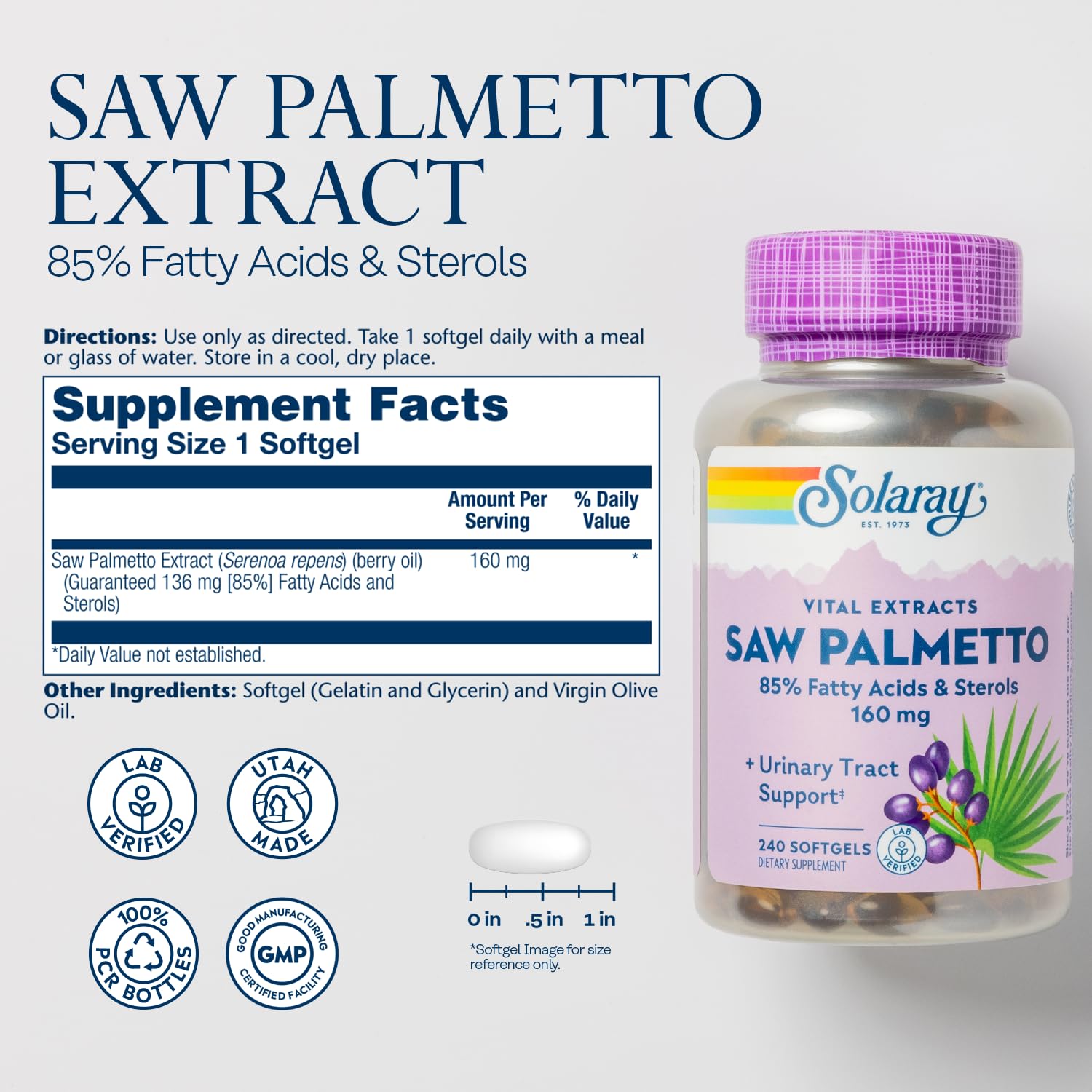 SOLARAY Saw Palmetto Extract bottle label showing potency details