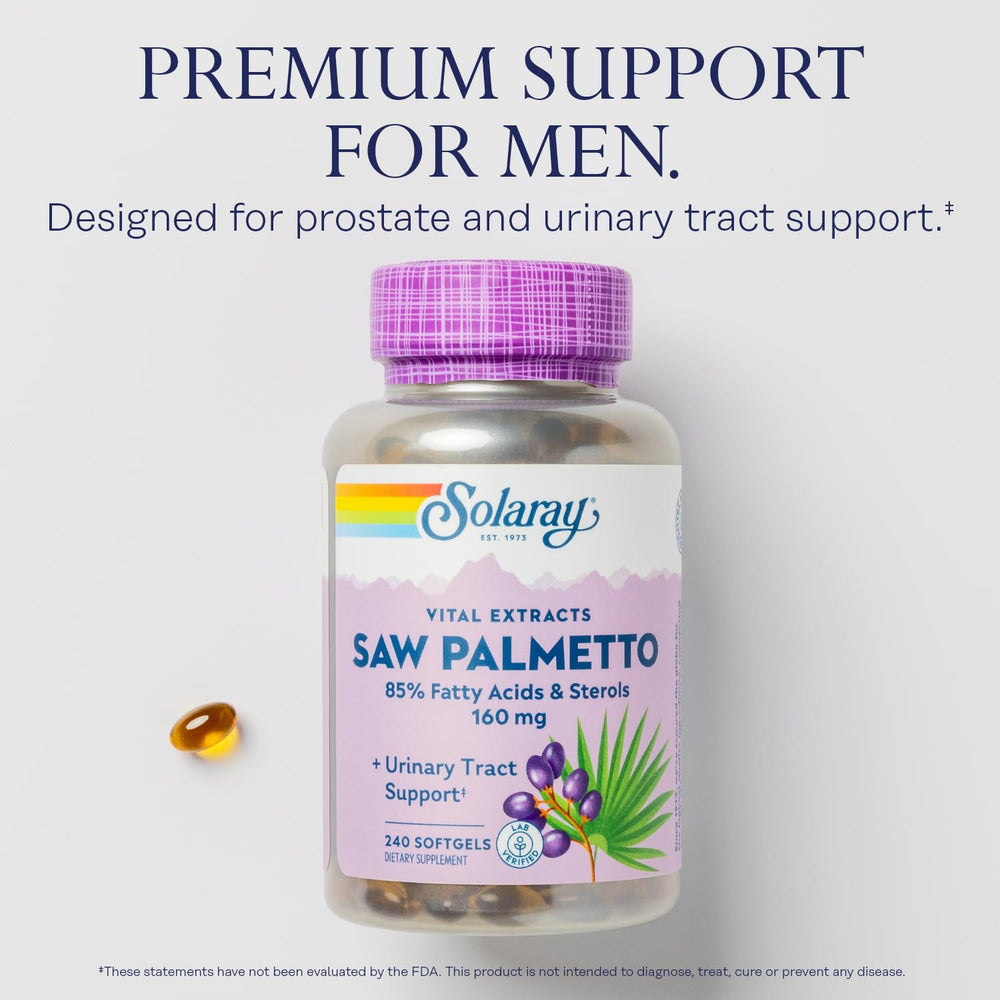 Closeup of SOLARAY Saw Palmetto Extract softgels highlighting 160 mg potency