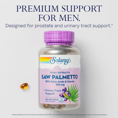 Closeup of SOLARAY Saw Palmetto Extract softgels highlighting 160 mg potency