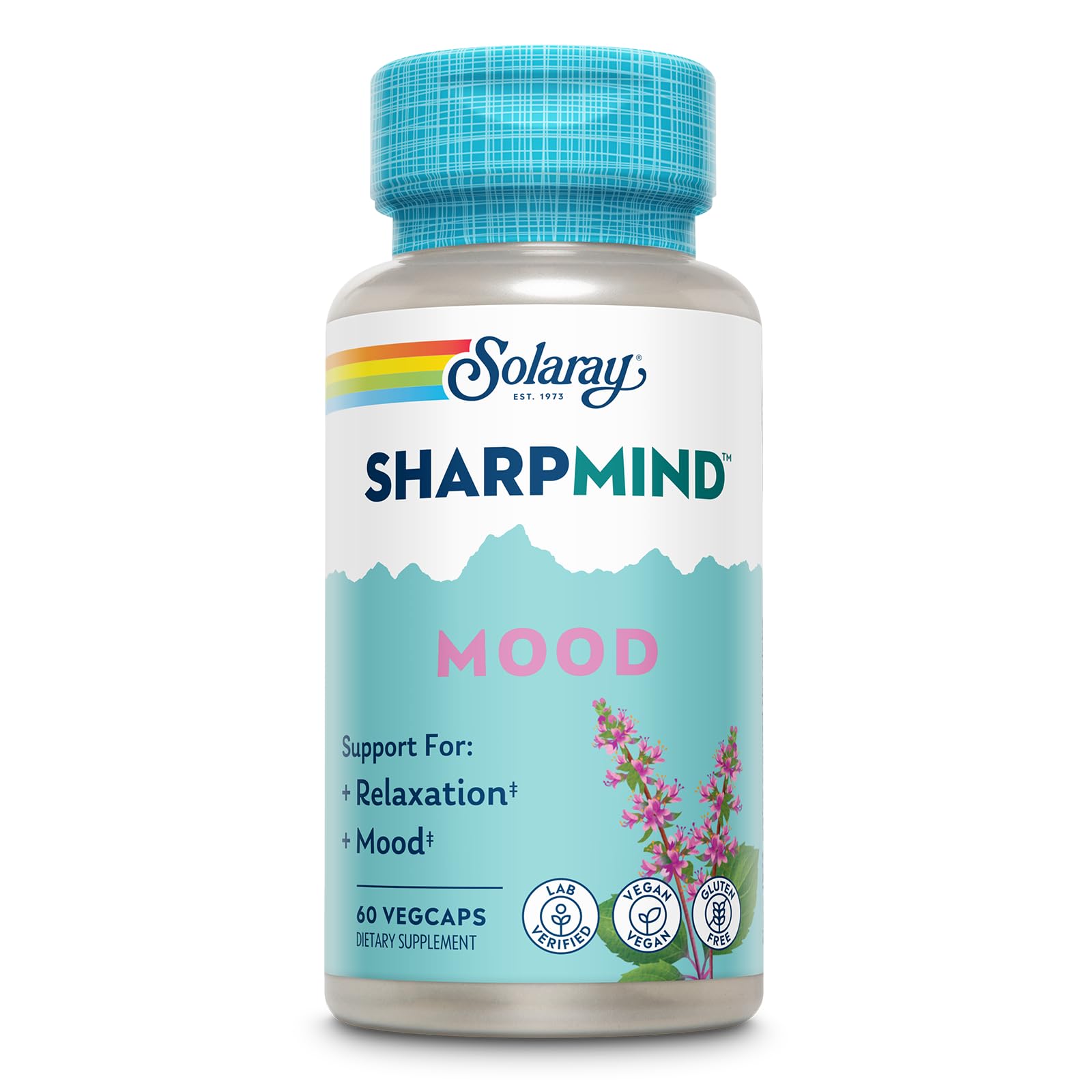 SOLARAY SharpMind bottle close-up highlighting eco-friendly packaging for mood support