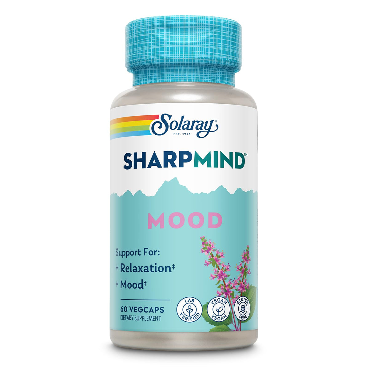 SOLARAY SharpMind bottle close-up highlighting eco-friendly packaging for mood support