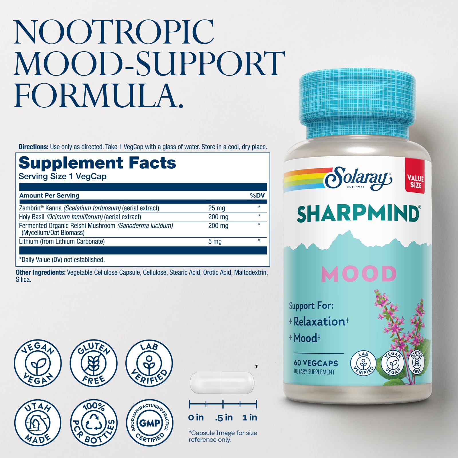 SOLARAY SharpMind ingredients label showing Zembrin, Holy Basil, and Reishi for mood support