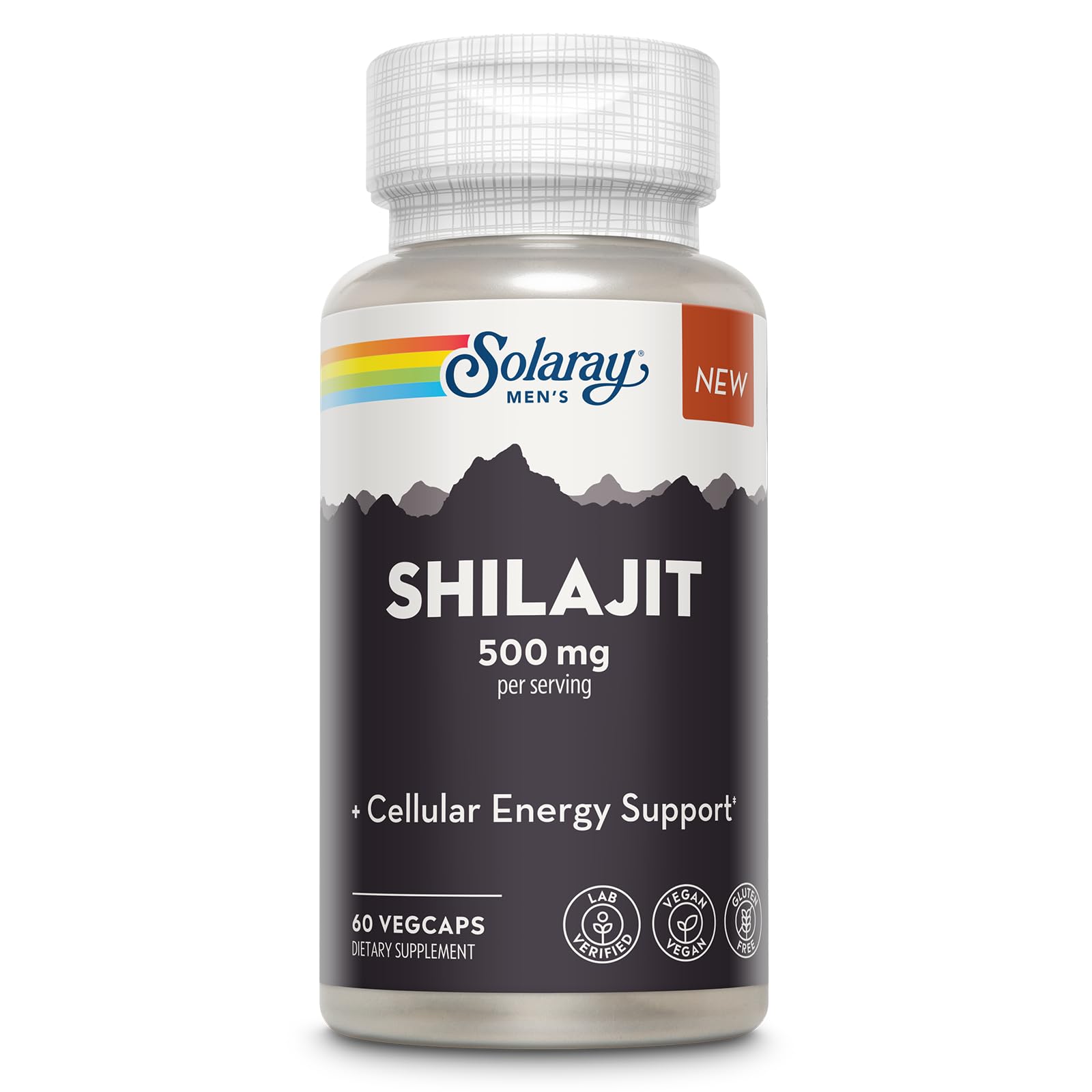 SOLARAY Shilajit 500 mg bottle label highlights PrimaVie Himalayan source and quality.