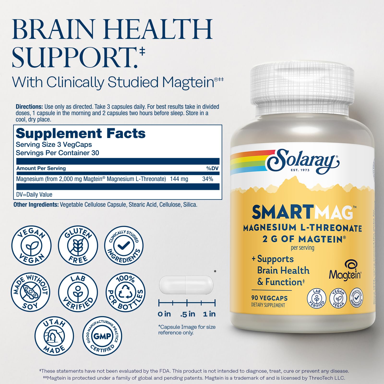 SOLARAY SmartMag capsules ready to swallow for convenient daily brain support.