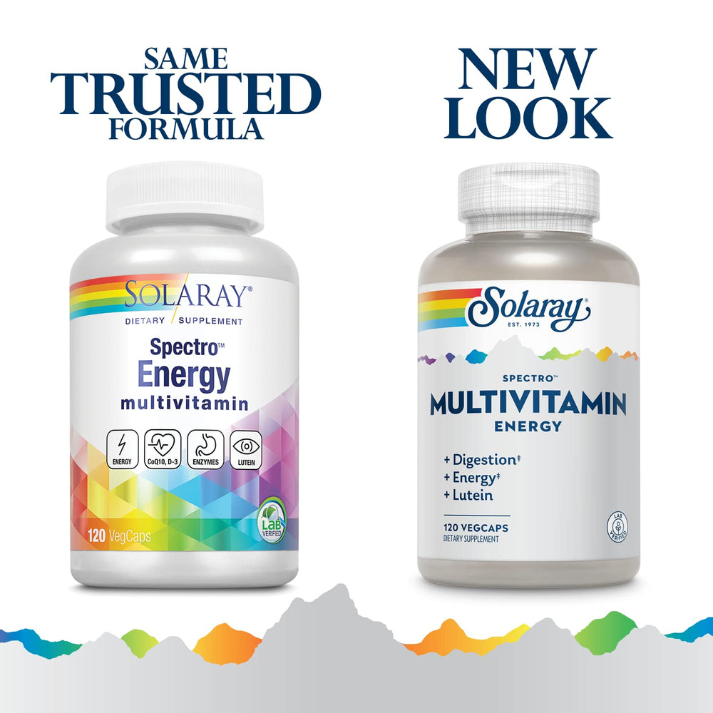 SOLARAY Spectro Energy capsules close-up showing easy-to-swallow veg caps.
