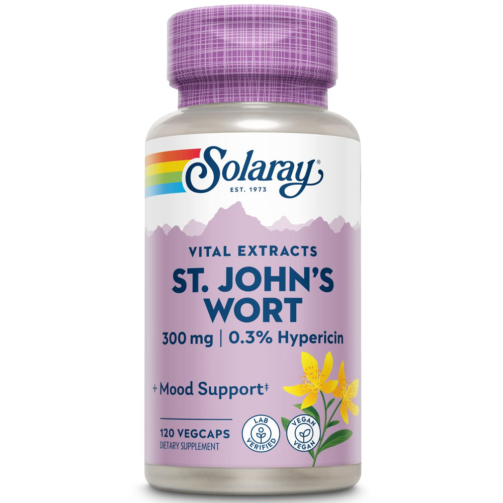 Solaray St. John's Wort Aerial Extract 300mg bottle supports daily mood potential.