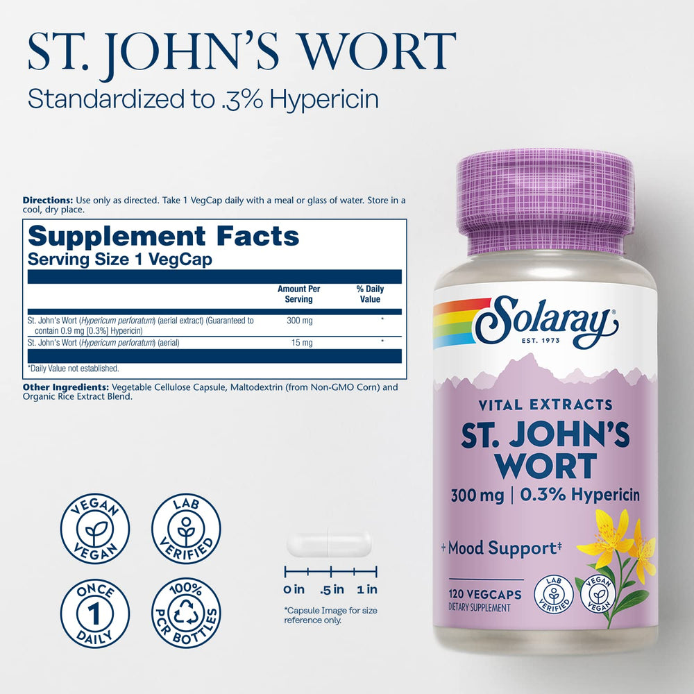 Solaray St. John's Wort Aerial Extract capsules for daily mood balance.
