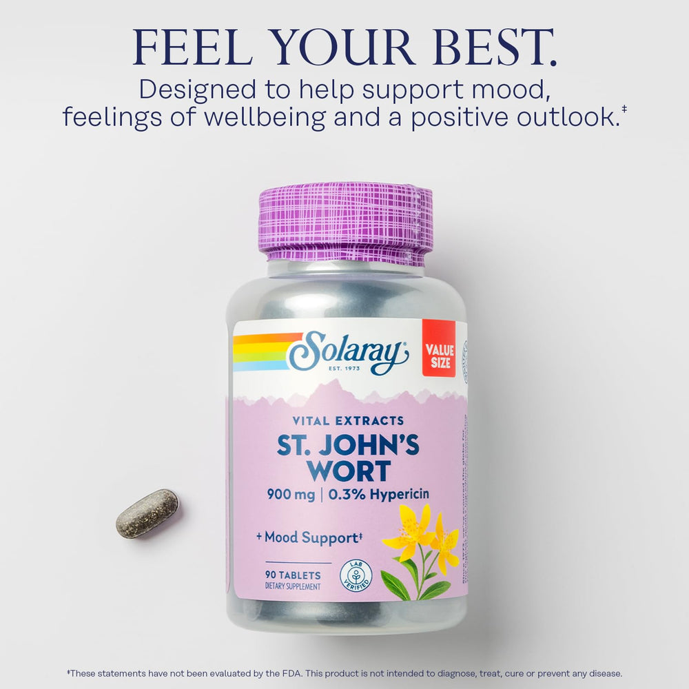 SOLARAY St. John's Wort bottle label highlights 0.3% hypericin potency.