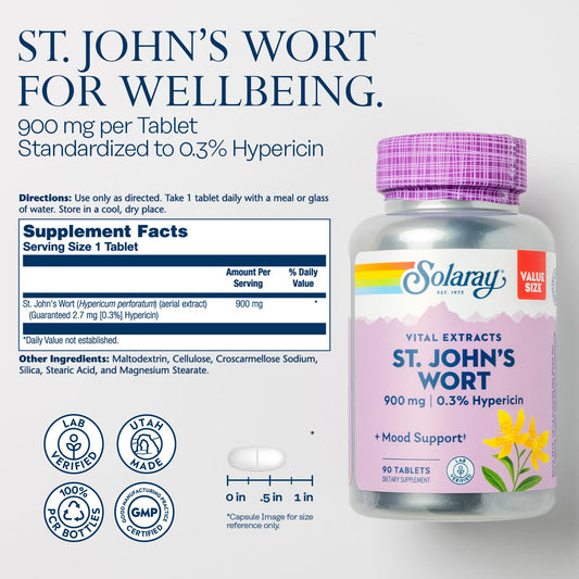 SOLARAY St. John's Wort one daily tablet ready for convenient mood balance.