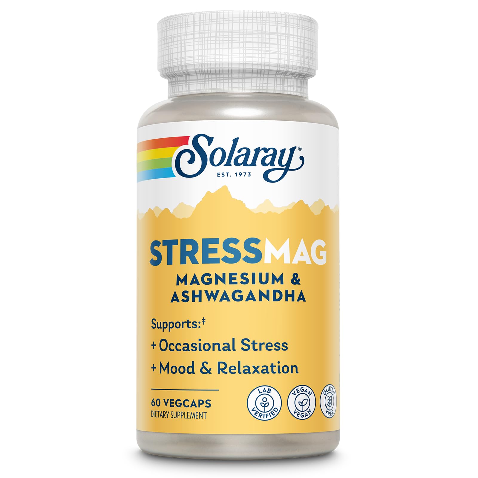 Solaray StressMag bottle on shelf highlighting magnesium glycinate and ashwagandha support