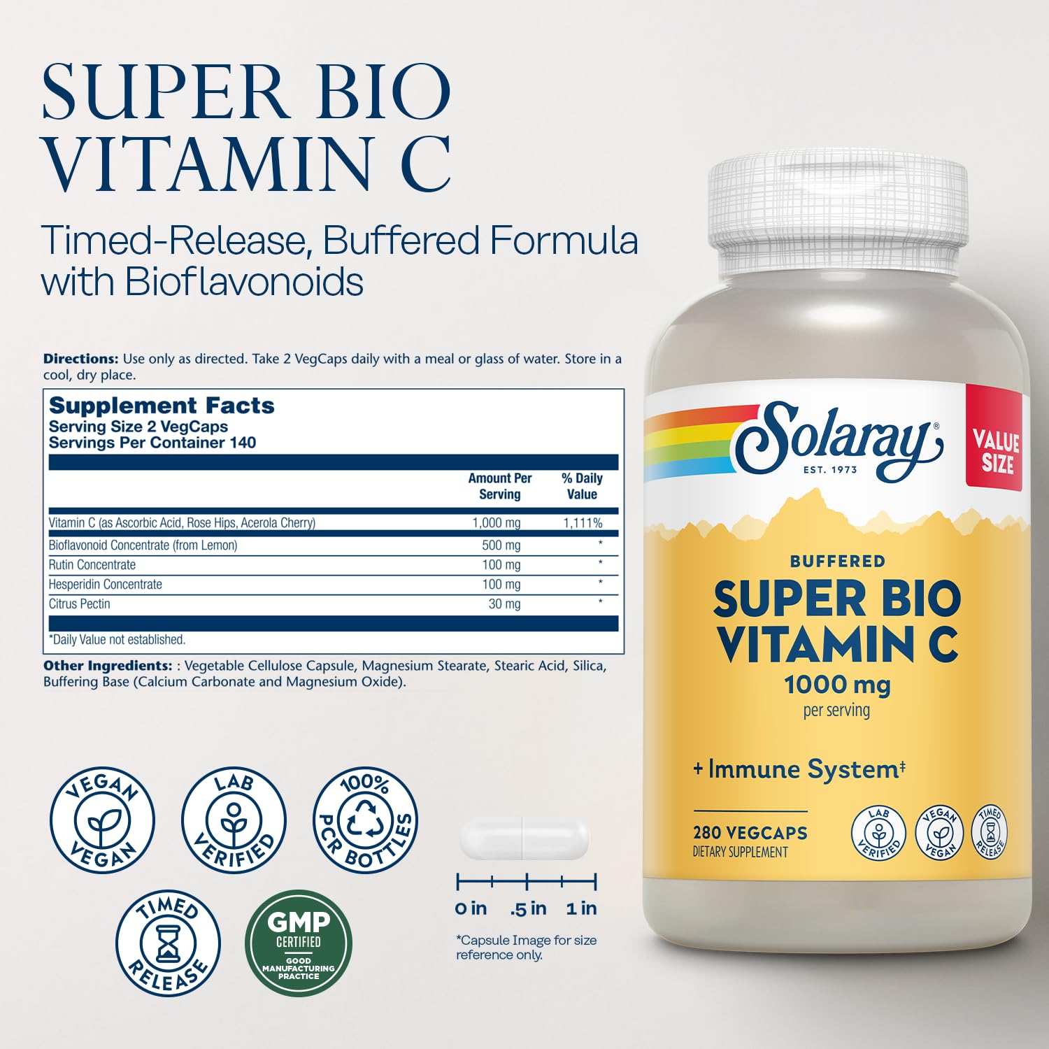 SOLARAY vitamin C bottle label highlights two-stage release and bioflavonoids for daily use.
