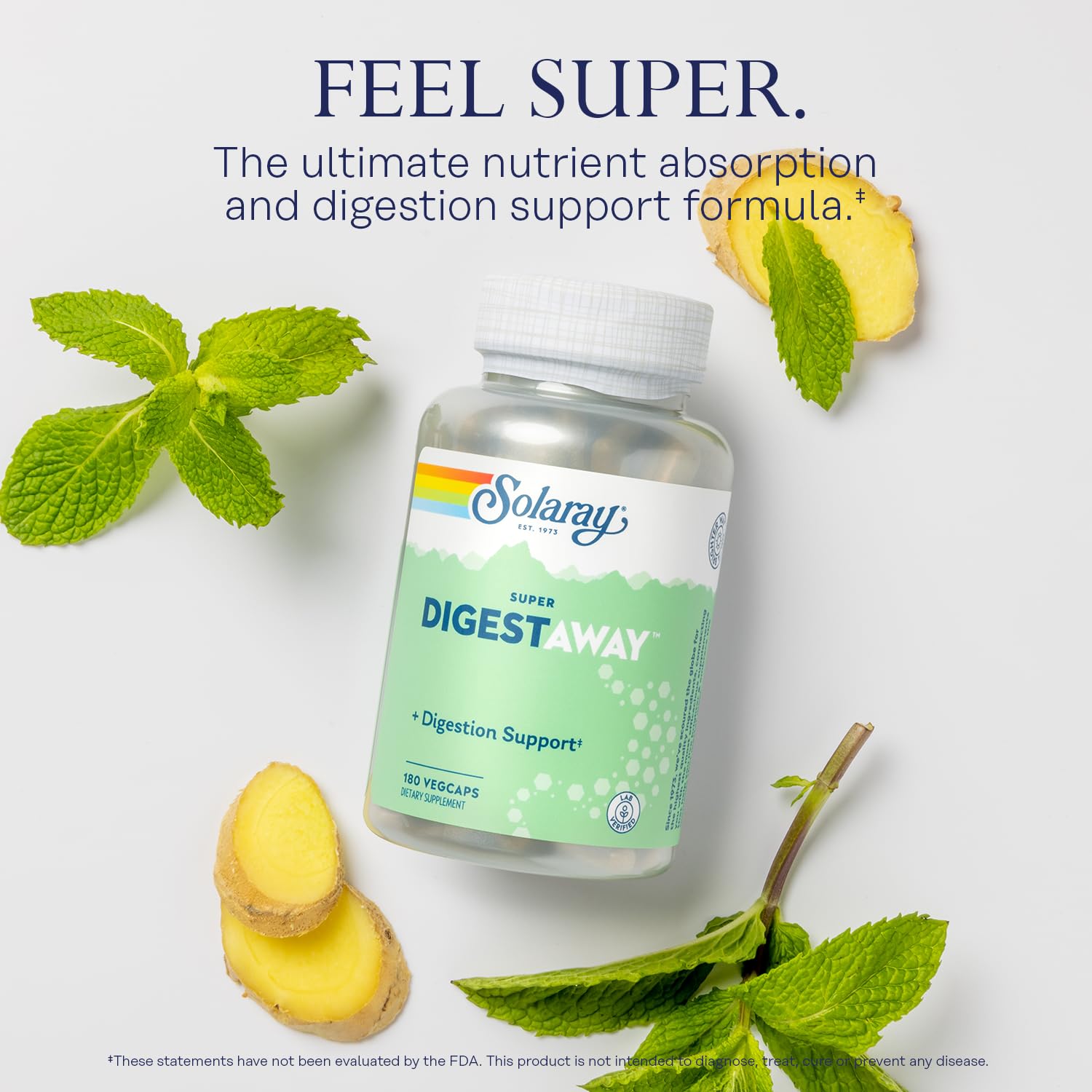 SOLARAY Digestaway capsules close-up showing vegan VegCaps and enzyme mix