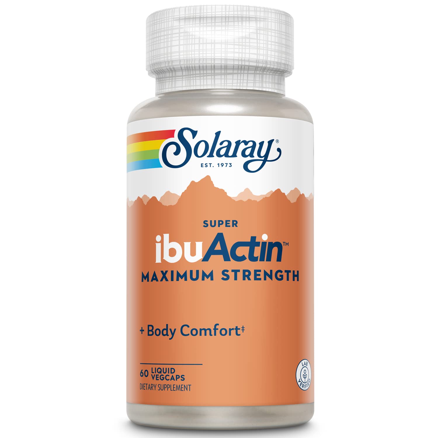 SOLARAY Super IbuActin bottle front with fast-acting capsules.