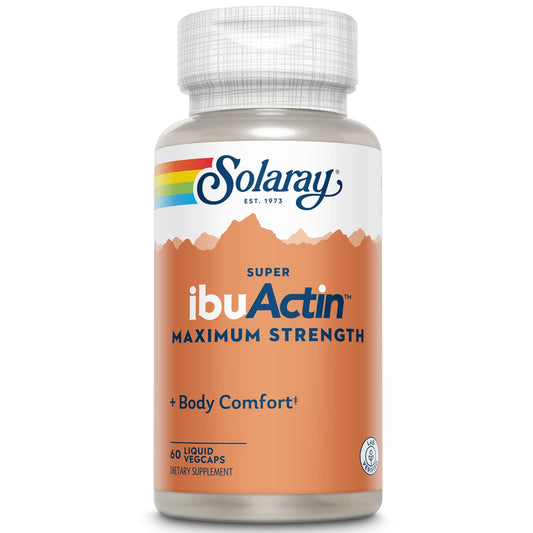 SOLARAY Super IbuActin bottle front with fast-acting capsules.