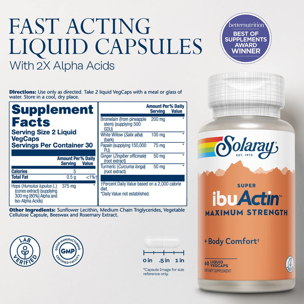 SOLARAY Super IbuActin capsules pack highlighting convenient dosing.