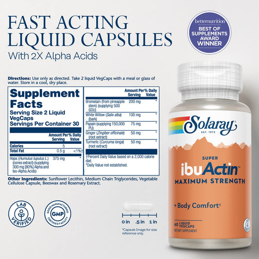 SOLARAY Super IbuActin capsules pack highlighting convenient dosing.