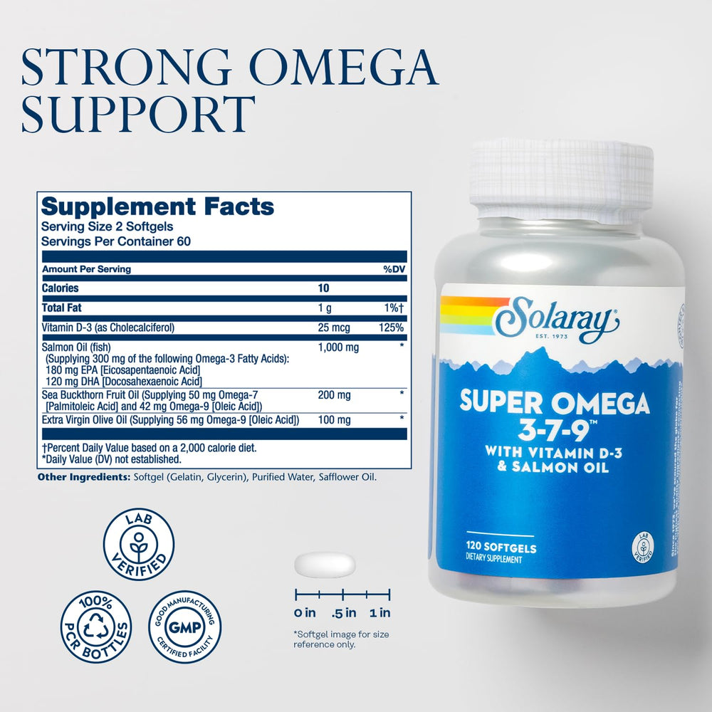 Solaray Super Omega 3-7-9 softgels close-up for smooth swallowing