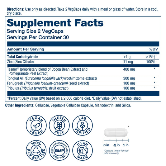 Close-up of SOLARAY Tesnor capsules highlighting testosterone balance potential.