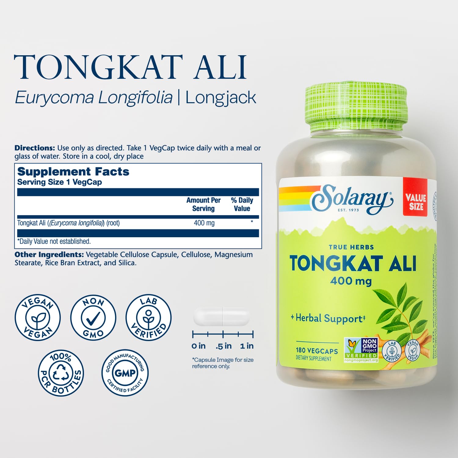 SOLARAY Tongkat Ali 180 VegCaps shown in vegan-friendly packaging.