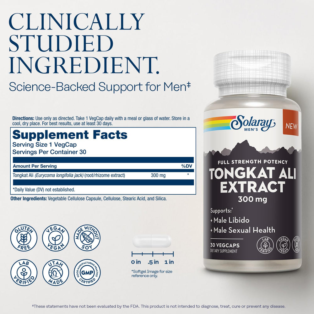SOLARAY Tongkat Ali capsules closeup, ready for daily use and energy support.