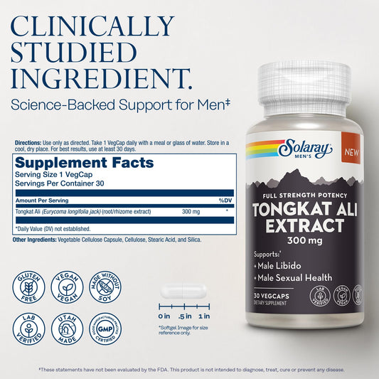SOLARAY Tongkat Ali capsules closeup, ready for daily use and energy support.