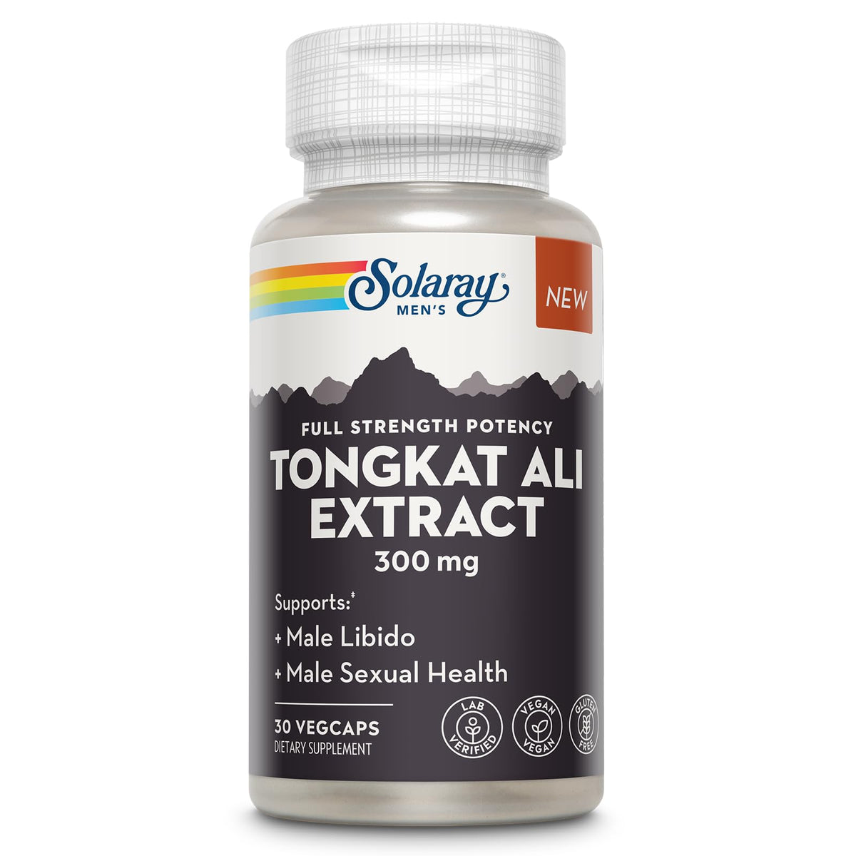 SOLARAY Tongkat Ali extract bottle closeup highlighting potency for men's vitality.
