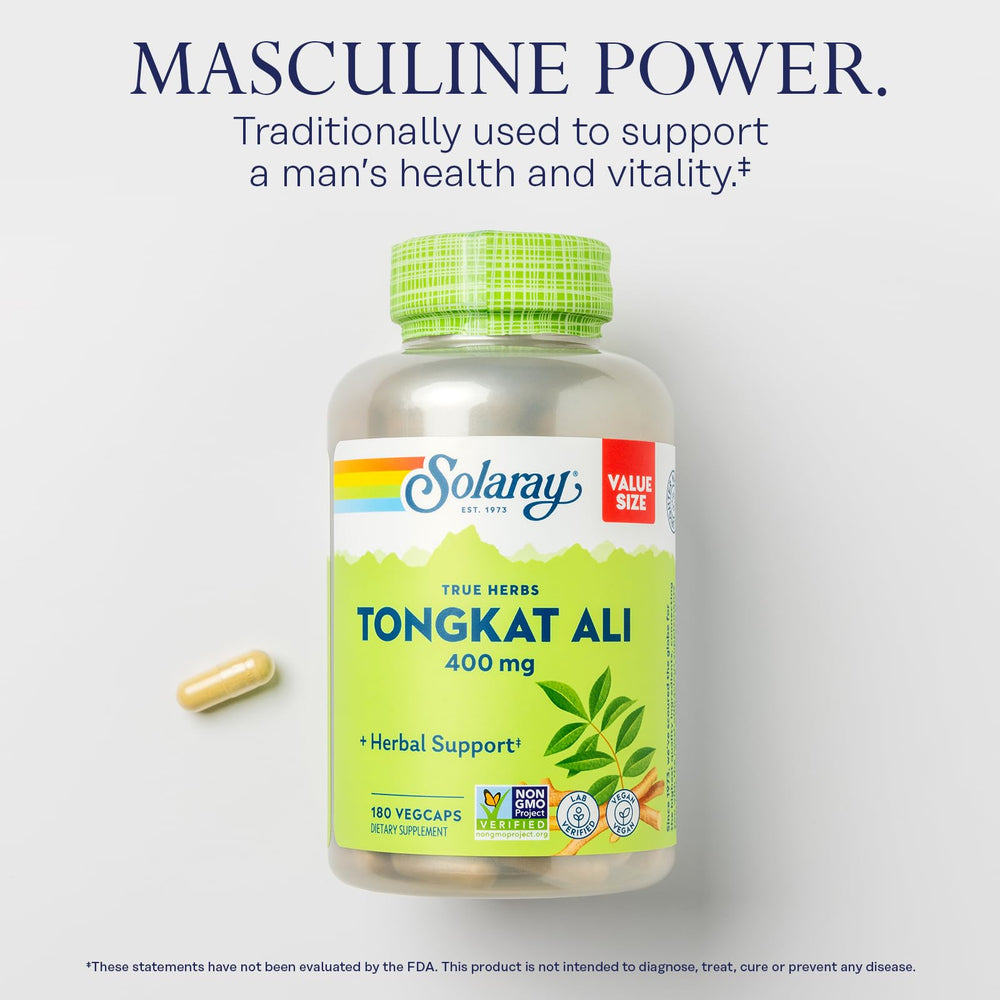 SOLARAY Tongkat Ali ingredients label highlights the high-quality herbal extract.